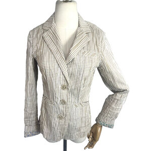 CAbi Womens Tan White Gingham Crinkled Ginger Snap Button Blazer Jacket Size S